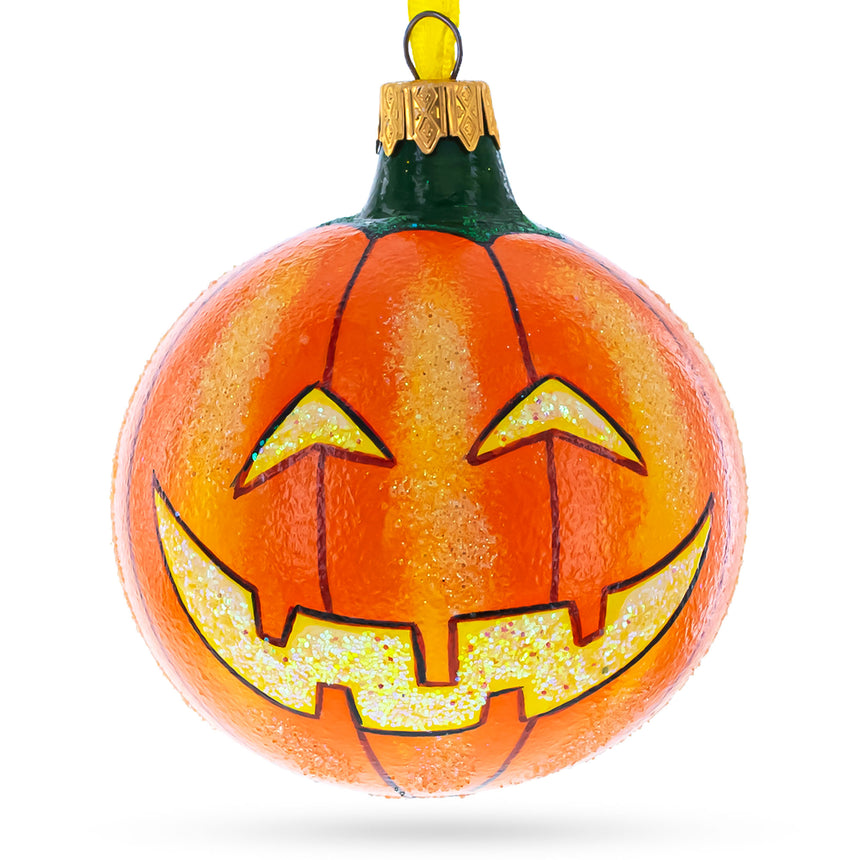 Glass Jack-o'-lantern Glass Ball Halloween Ornament 3.25 Inches in Orange color Round