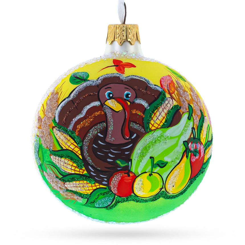 Glass Turkey and Veggies Blown Glass Ball Christmas Ornament 3.25 Inches in Multi color Round