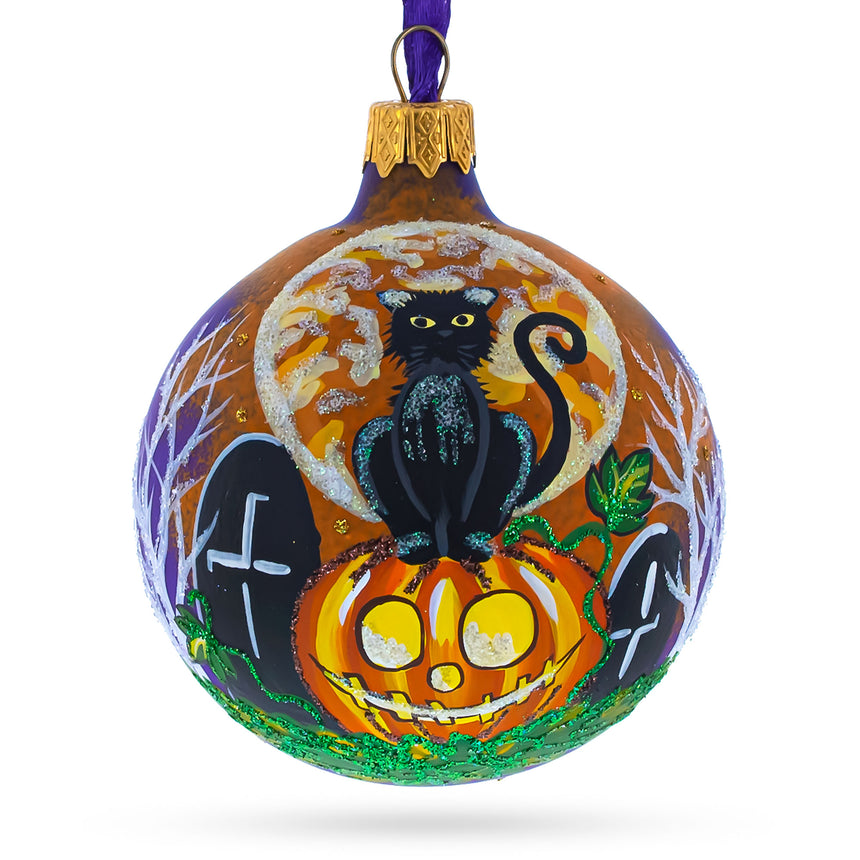 Glass Black Cat at Cemetery Blown Glass Ball Halloween Ornament 3.25 Inches in Multi color Round