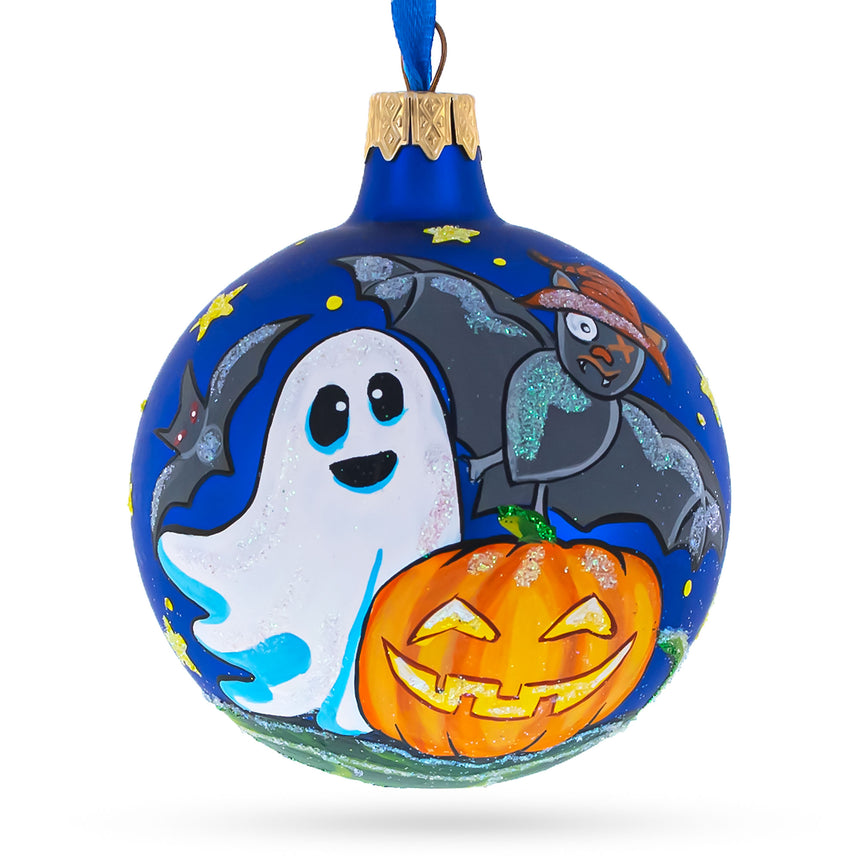 Glass Ghost and Bat Blown Glass Ball Halloween Ornament 3.25 Inches in Multi color Round