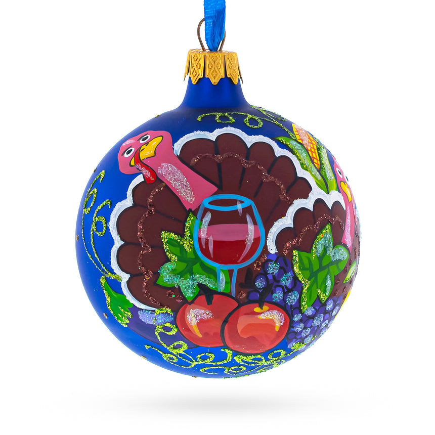 Glass Turkey and Thanksgiving Party Glass Ball Christmas Ornaments 3.25 Inches in Blue color Round