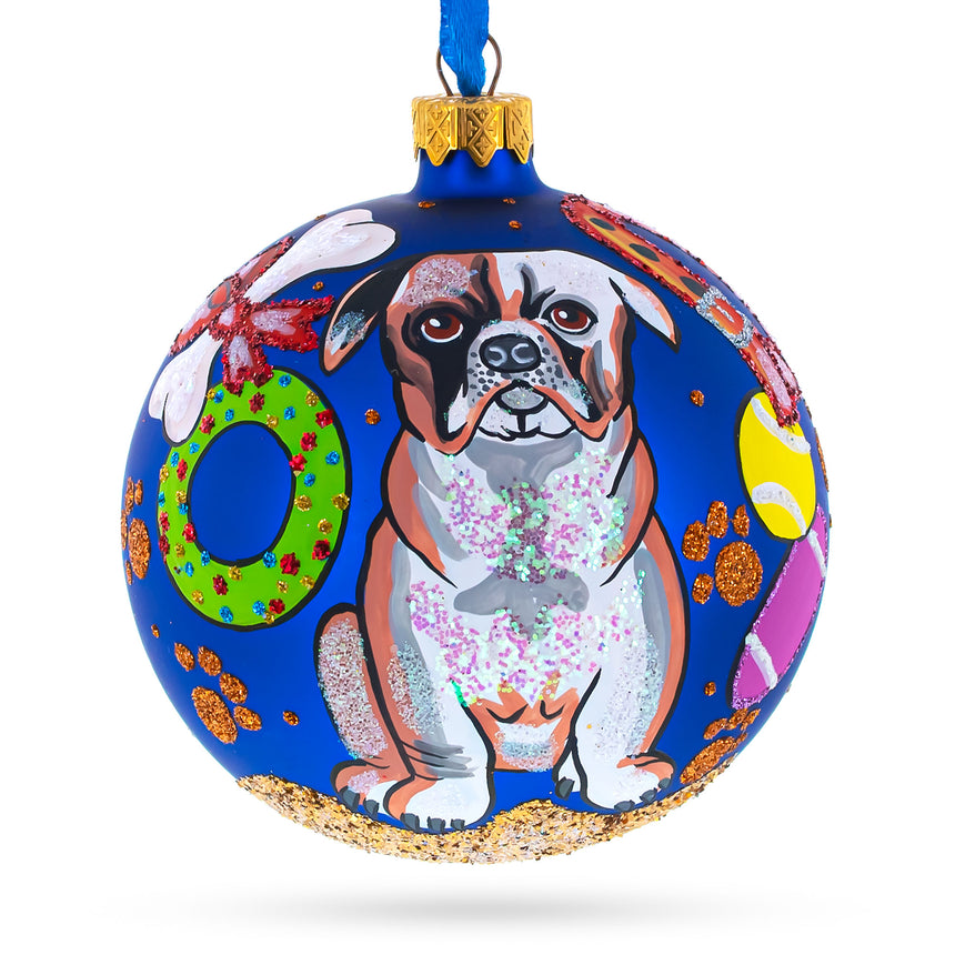 Glass Bulldog Gifts Blown Glass Ball Christmas Ornaments 4 Inches in Blue color Round