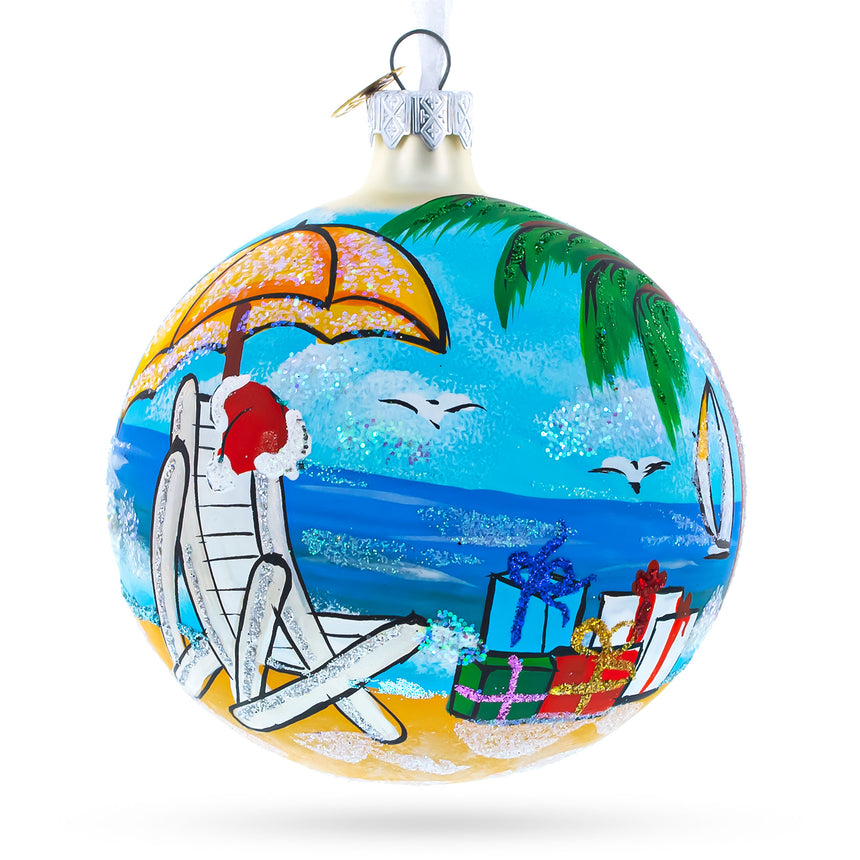 Glass Santa Hat Relaxing at Beach Glass Ball Christmas Ornament 4 Inches in Multi color Round