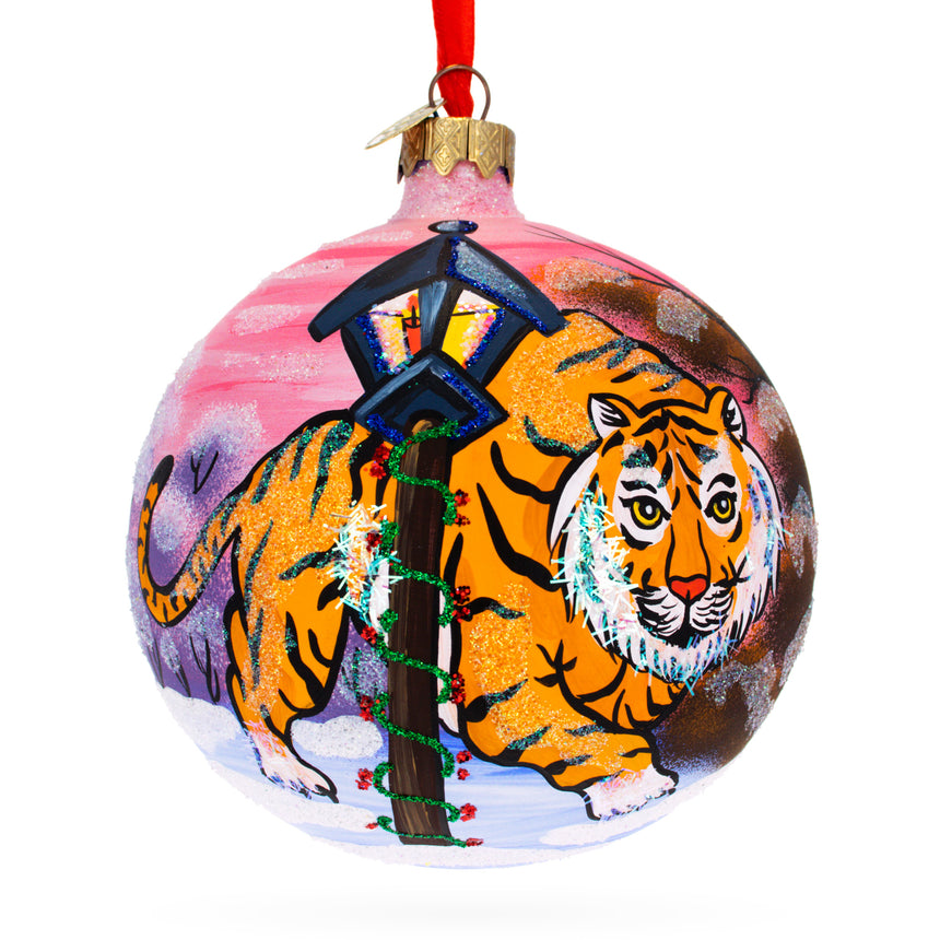 Glass Tiger in the Snow Blown Glass Ball Christmas Ornament 4 Inches in Multi color Round