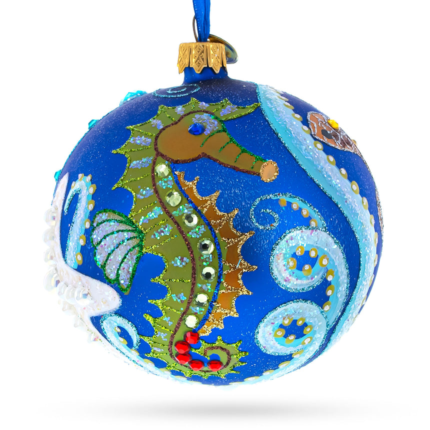 Glass Sea Creatures Blown Glass Ball Christmas Ornament,4 Inches in Blue color Round