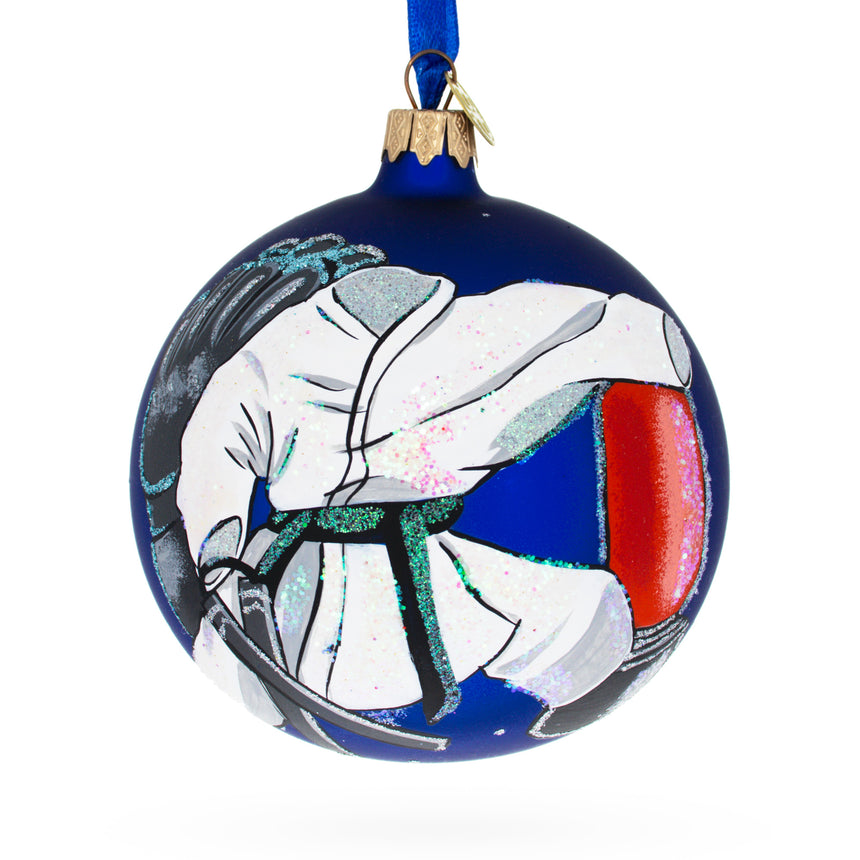 Glass Martial Arts Glass Ball Christmas Ornament 4 Inches in Blue color Round