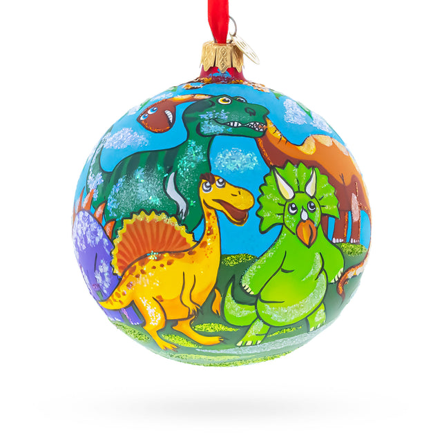 Glass Dinosaurs in Jungles Blown Glass Ball Christmas Ornament 4 Inches in Multi color Round