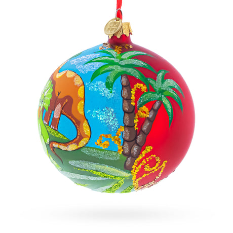 Dinosaurs in Jungles Blown Glass Ball Christmas Ornament 4 InchesUkraine ,dimensions in inches: 4 x 4 x 4