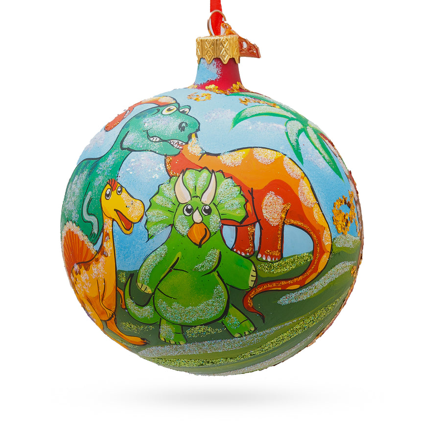 Glass Dinosaurs in Jungles Blown Glass Ball Christmas Ornament 4 Inches in Multi color Round