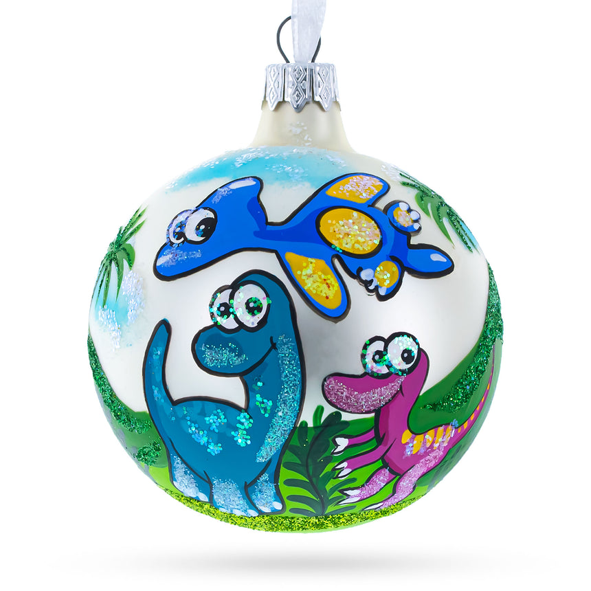 Glass Baby Dinosaurs Glass Ball Christmas Ornament 3.25 Inches in Multi color Round