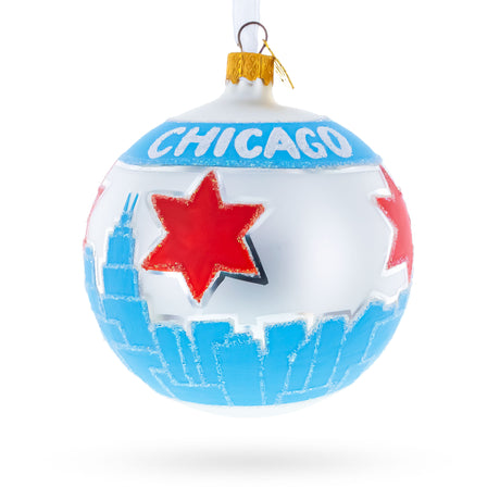 Glass Chicago Cityscape and Flag Glass Ball Christmas Ornament 4 Inches in Blue color Round