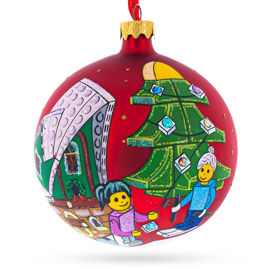 Glass Building Blocks House Blown Glass Ball Christmas Ornament 4 Inches in Red color Round