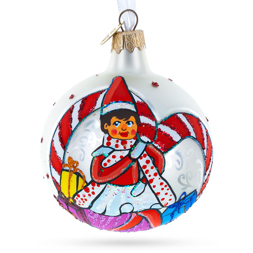 Glass Elf and Candy Canes Glass Ball Christmas Ornaments 3.25 Inches in Multi color Round