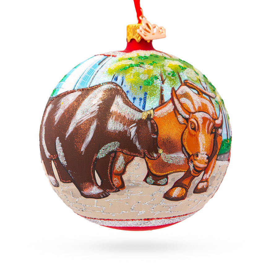 Glass Bear and Bull on Wall Street Blown Glass Ball Christmas Ornament 4 Inches in Multi color Round