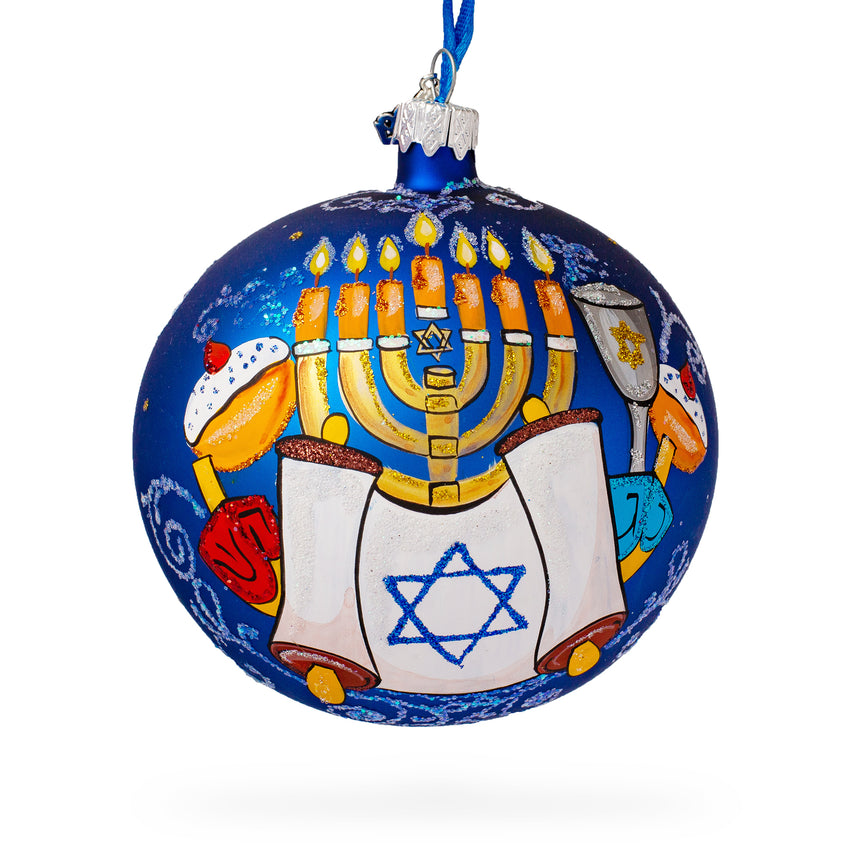 Glass Menorah and Jewish Symbols Blown Glass Ball Ornament 4 Inches in Blue color Round