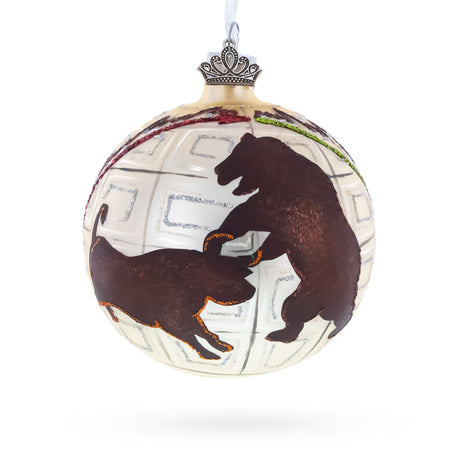 Glass Bear and Bull on Wall Street Blown Glass Ball Christmas Ornament 3.25 Inches in Multi color Round