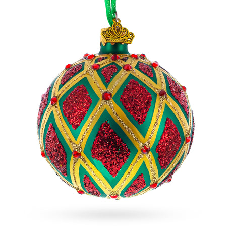 Glass Glittered Red IKAT on Green Blown Glass Ball Christmas Ornament 3.25 Inches in Red color Round