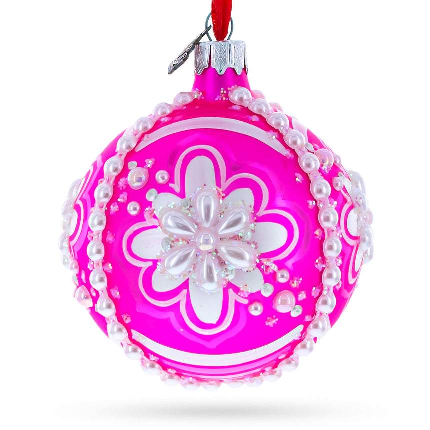 Glass Jeweled Pearl Flowers on Pink Blown Glass Ball Christmas Ornament 3.25 Inches in Pink color Round