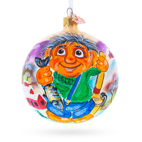 Glass Troll the Fisherman Glass Ball Christmas Ornament 4 Inches in Multi color Round