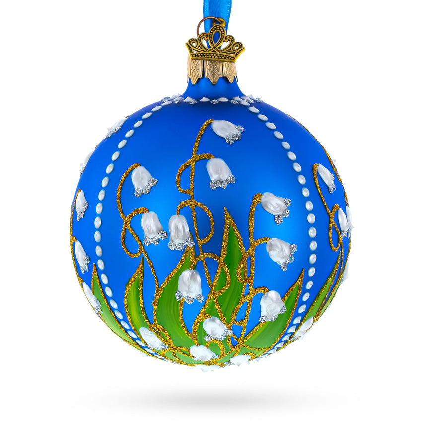 Glass Delicate Lilies of the Valley on Blue Glass Ball Christmas Ornament 3.25 Inches in Blue color Round