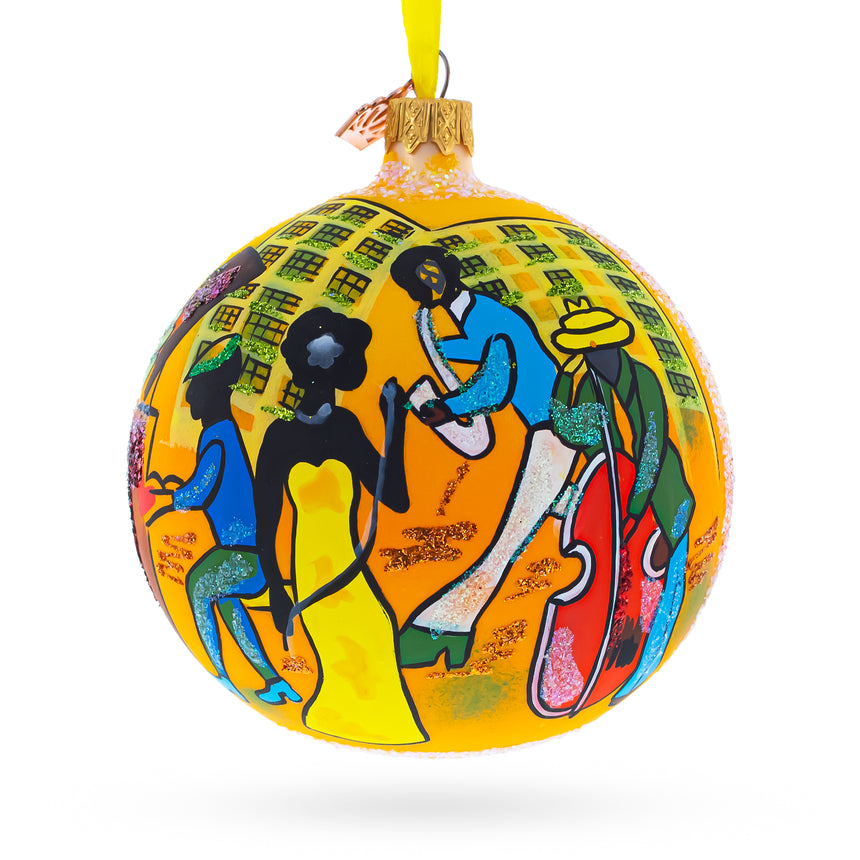 Glass Swinging' Jazz Band Blown Glass Ball Christmas Ornament 4 Inches in Yellow color Round