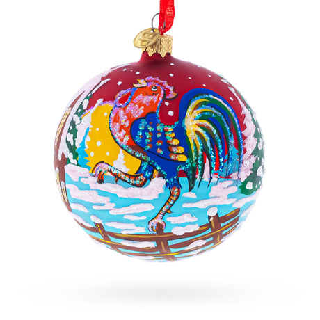 Glass Rooster in the Winter Village Blown Glass Ball Christmas Ornament 4 Inches in Red color Round