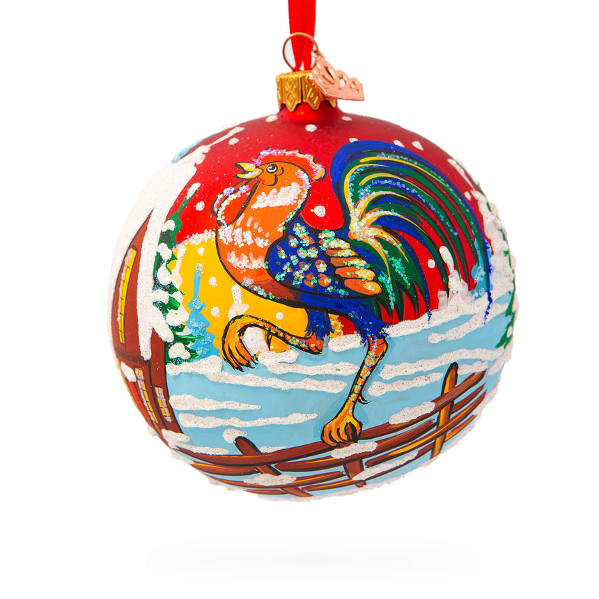 Glass Rooster in the Winter Village Blown Glass Ball Christmas Ornament 4 Inches in Red color Round