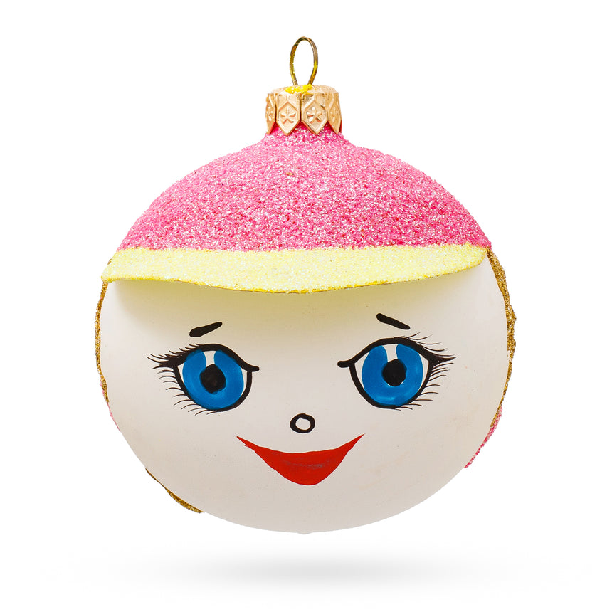 Glass Girl in the Hat Glass Ball Christmas Ornament 3.25 Inches in Pink color Round