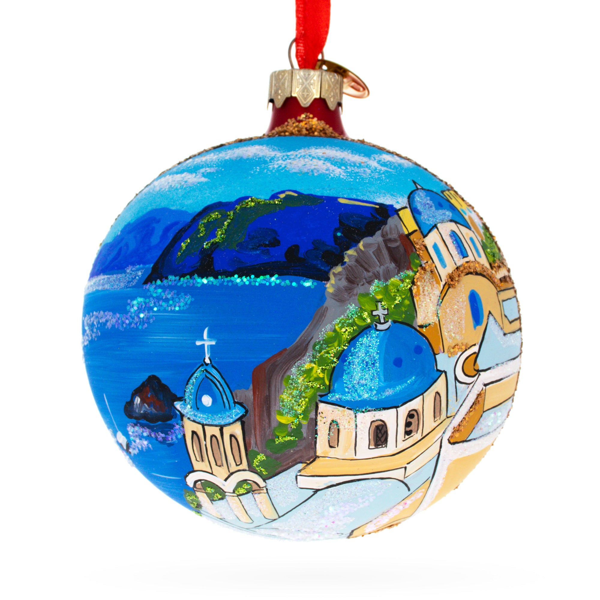 Santorini, Thira Island, Greece Glass Ball Christmas Ornament 4 Inches