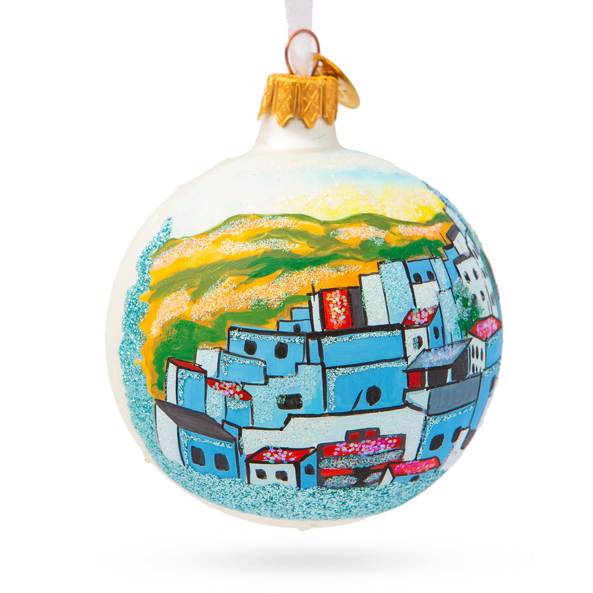 Glass Blue City Chefchaouen, Morocco Glass Ball Christmas Ornament 3.25 Inches in Multi color Round