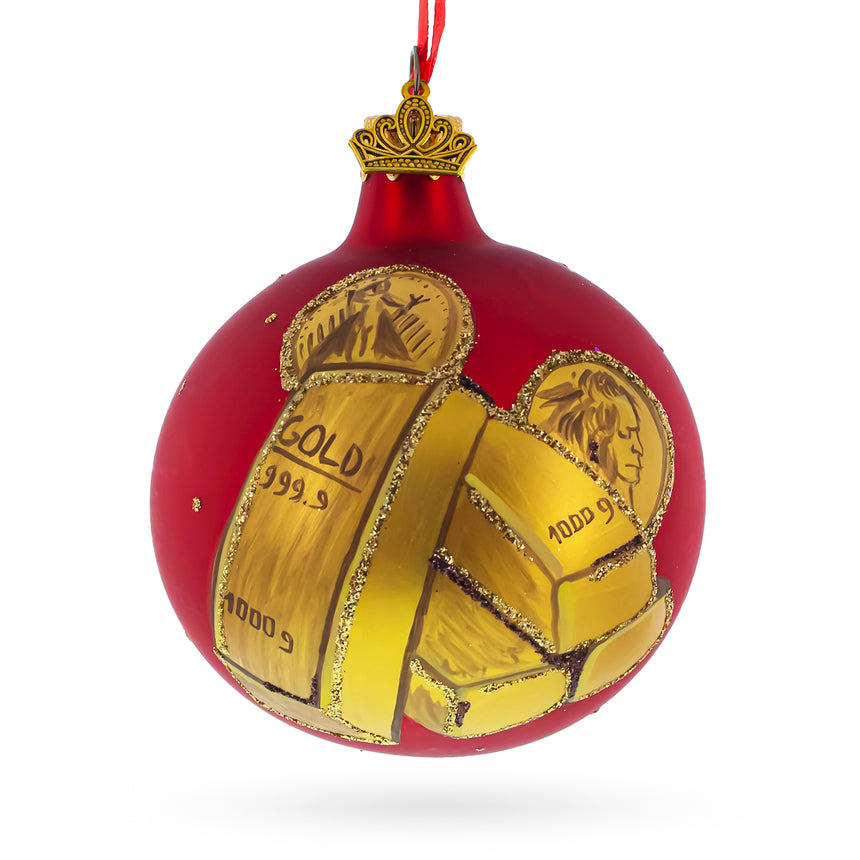 Glass Gold Bars and Coins Blown Glass Ball Christmas Ornament 3.25 Inches in Red color Round