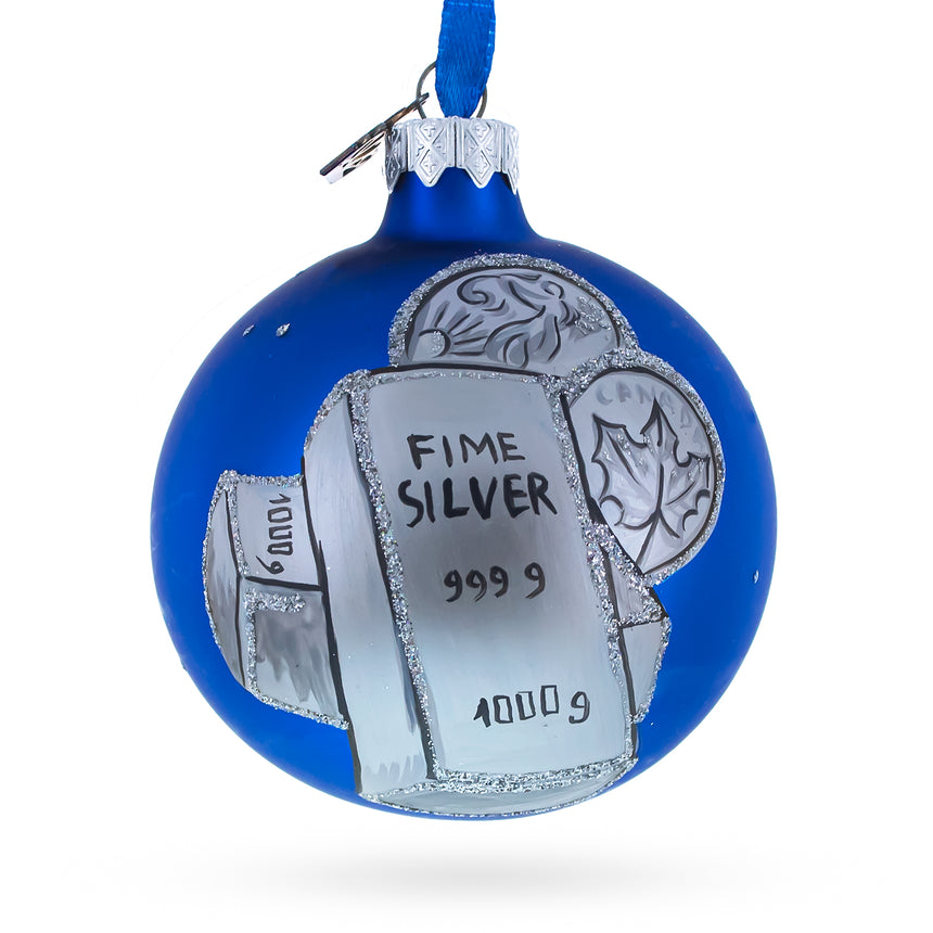 Glass Silver Bars and Coins Blown Glass Ball Christmas Ornament 3.25 Inches in Blue color Round