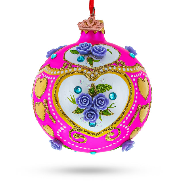 Glass Three-Dimensional Roses on Pink Blown Glass Ball Christmas Ornament 3.25 Inches in Pink color Round