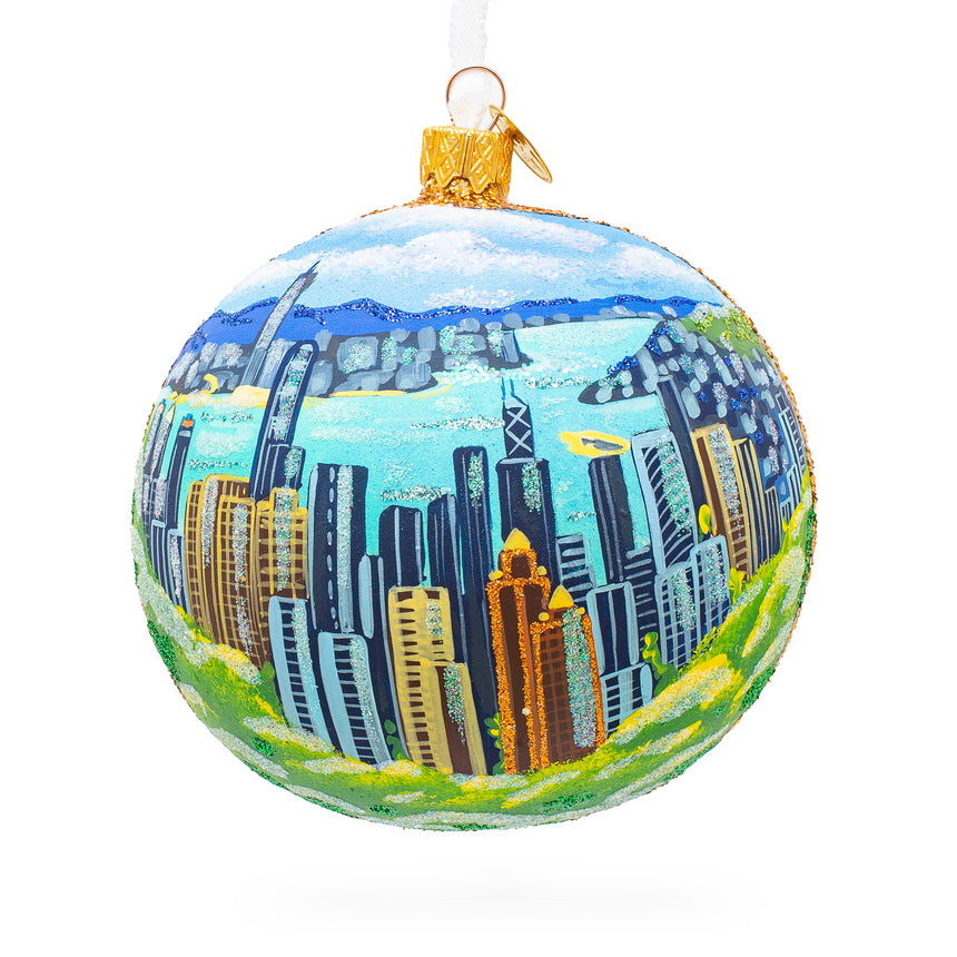 Glass Victoria Peak, Hong Kong Glass Ball Christmas Ornament 4 Inches in Blue color Round