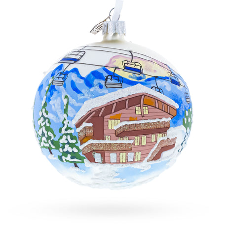 Glass Chalet and Ski Lifts in the Mountains Glass Ball Christmas Ornament 4 Inches in Multi color Round