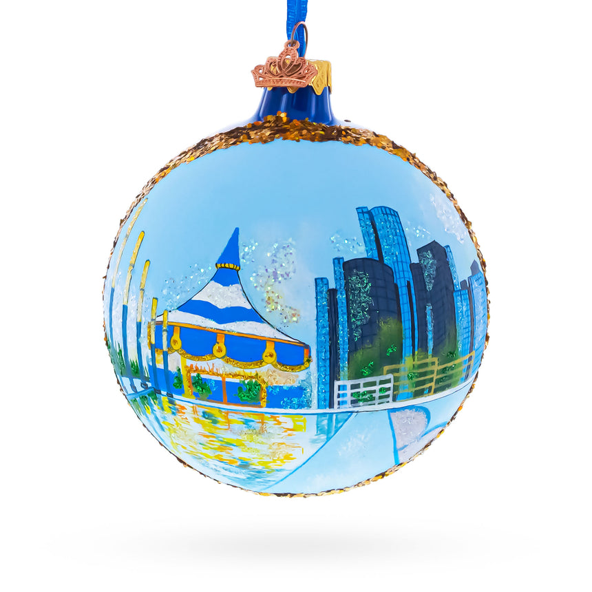 Glass Detroit Riverfront, Detroit, Michigan, USA Glass Ball Christmas Ornament 4 Inches in Multi color Round