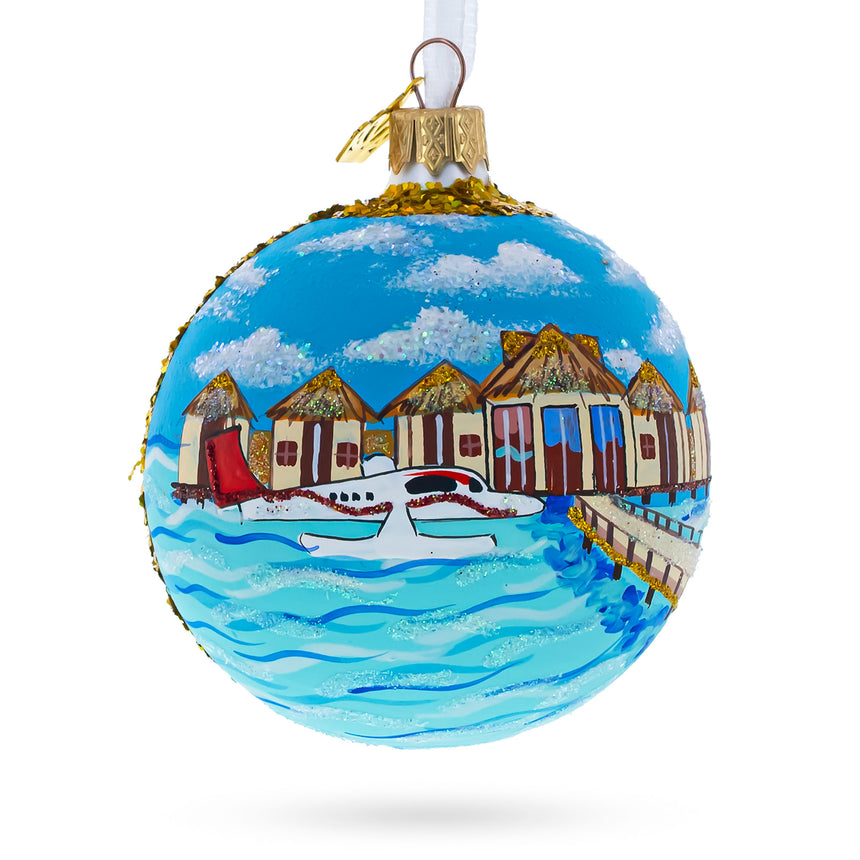 Glass Maldives Resort Glass Ball Christmas Ornament 3.25 Inches in Multi color Round