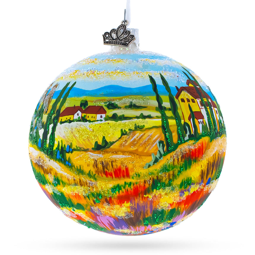 Glass Tuscany, Italy Country Side Painting Glass Ball Christmas Ornament 4 Inches in Multi color Round