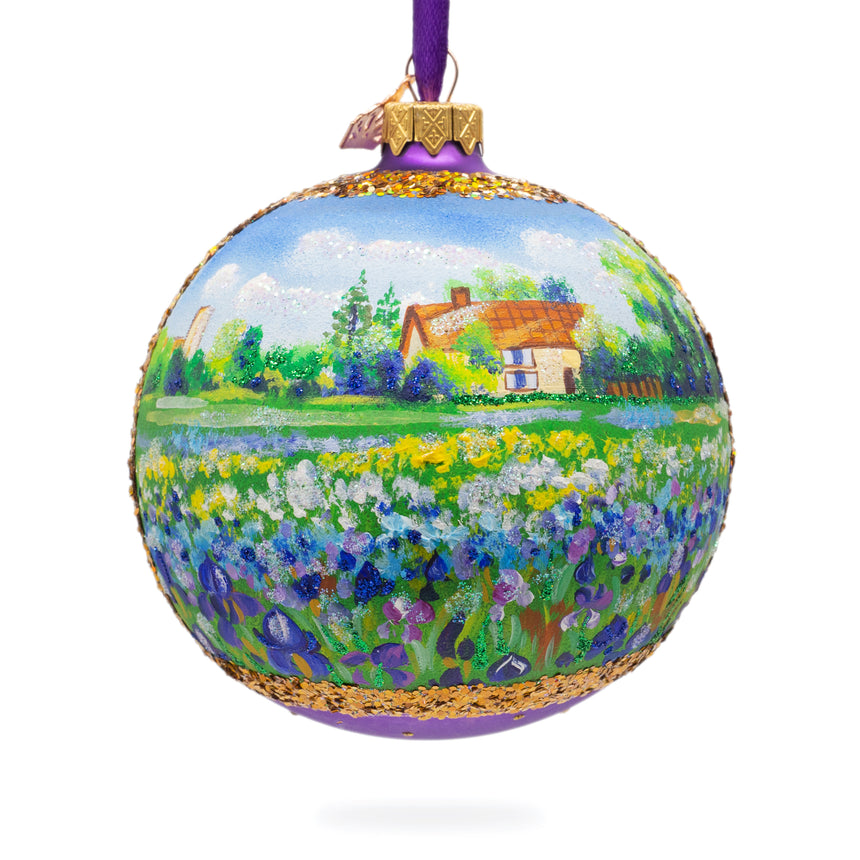 Glass Iris Field Painting Glass Ball Christmas Ornament 4 Inches in Multi color Round