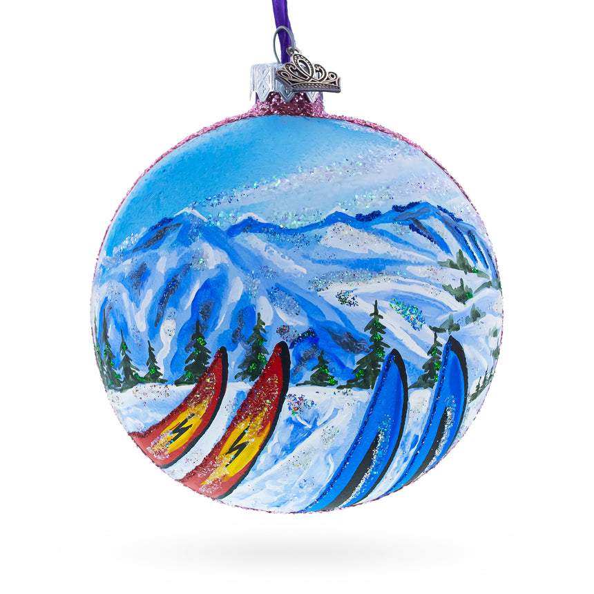 Glass Park City Ski Resort, Utah, USA Glass Ball Christmas Ornament 4 Inches in Multi color Round