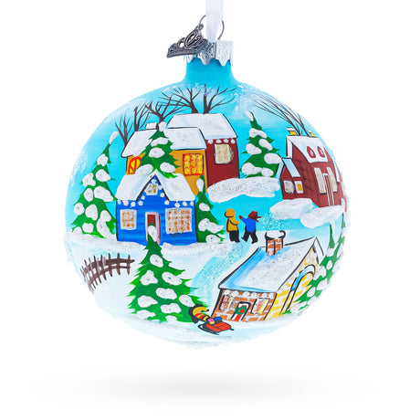 Glass Children Playing in the Winter Village Glass Ball Christmas Ornament 4 Inches in Multi color Round