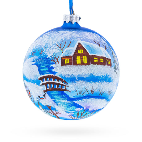 Glass Winter Village by the River Glass Ball Christmas Ornament 4 Inches in Multi color Round