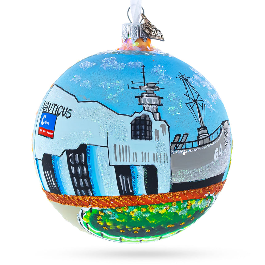 Glass Battleship Wisconsin at Nautilus, Norfolk, Virginia, USA Glass Ball Christmas Ornament 4 Inches in Multi color Round