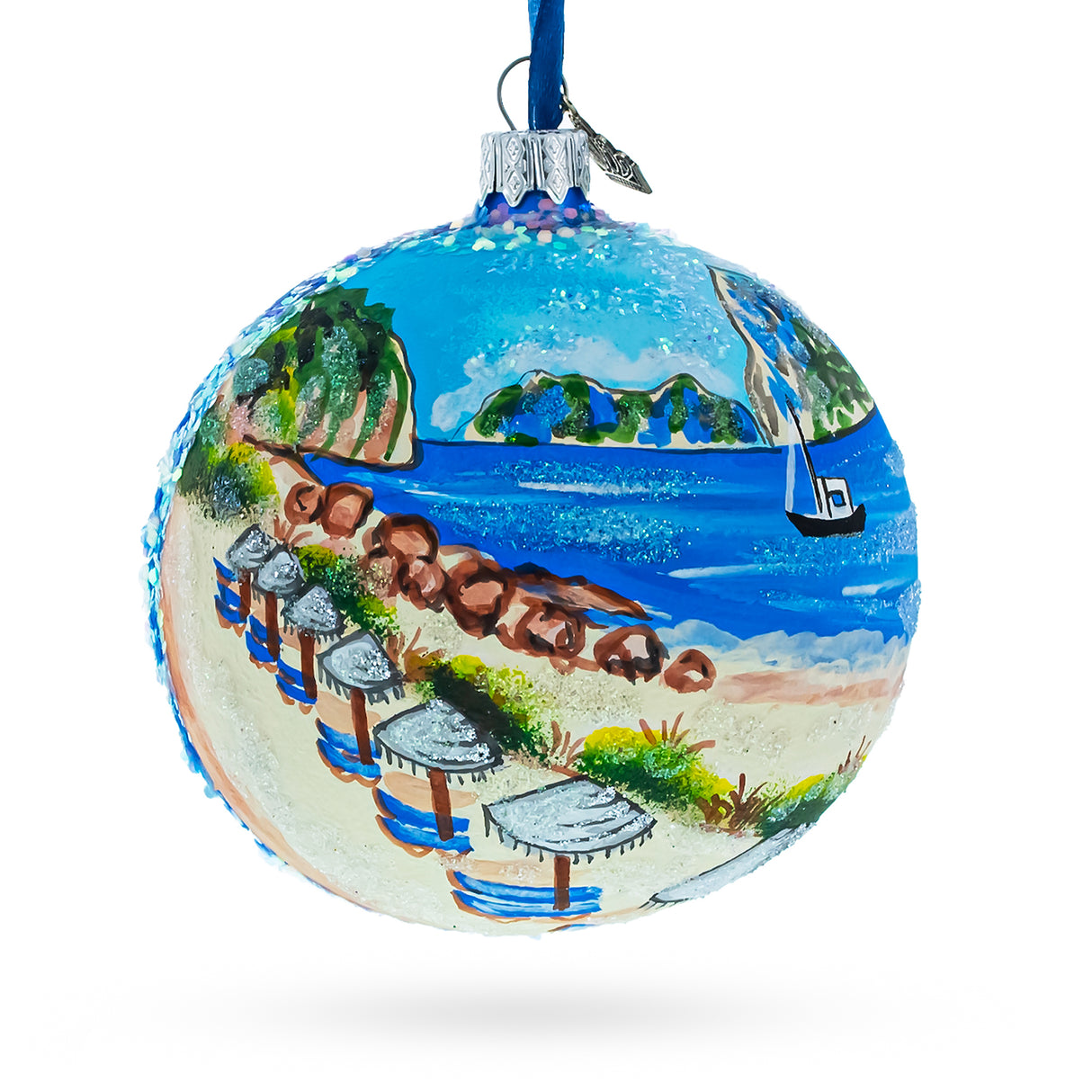 Glass Beach at Ibiza, Spain Glass Ball Christmas Ornament 4 Inches in Multi color Round