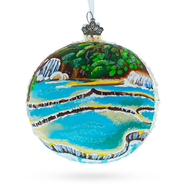 Glass Kuang Si Waterfall, Laos Glass Ball Christmas Ornament 4 Inches in Multi color Round