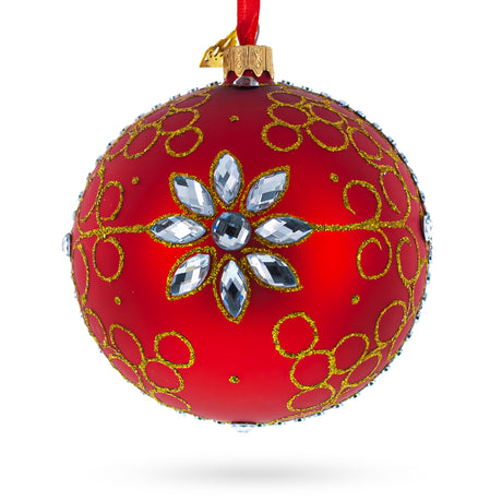 Glass Diamond Jewels on Silver Glass Ball Christmas Ornament in Red color Round