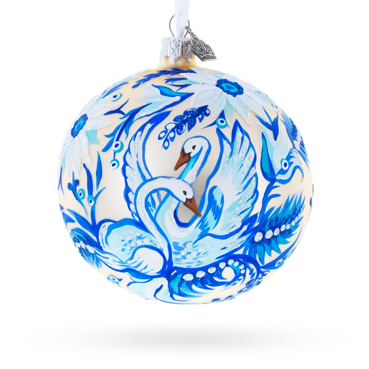 Glass Swans in Daisies Garden Glass Ball Ornament in Blue color Round