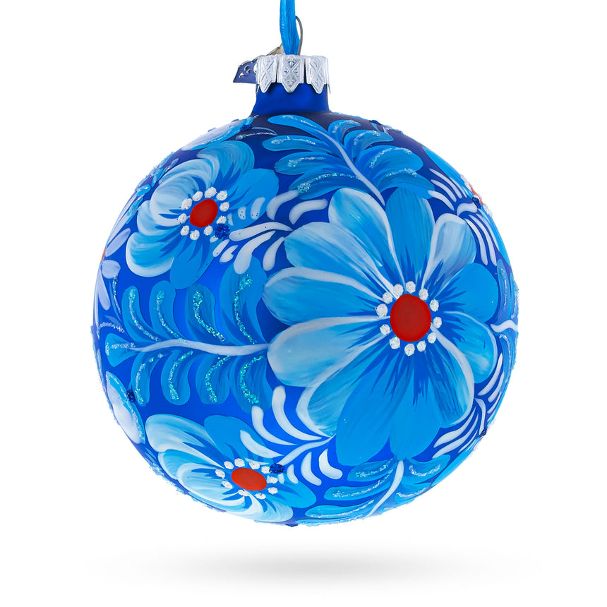 Glass Aster Flowers Glass Ball Ornament in Blue color Round