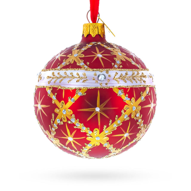 Glass Diamond Trellis on Red Glass Ball Christmas Ornament 3.25 Inches in Red color Round