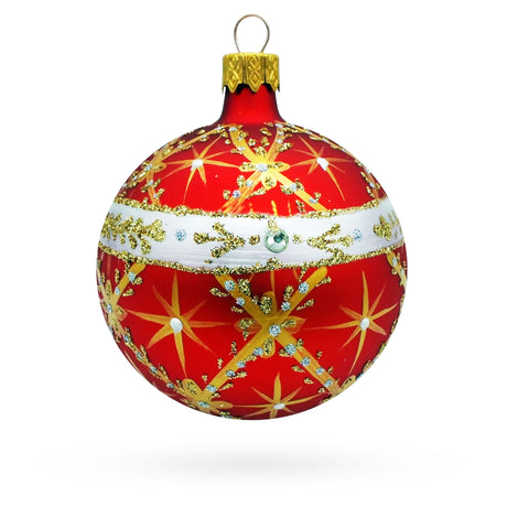 Glass Diamond Trellis on Red Glass Ball Christmas Ornament 3.25 Inches in Red color Round